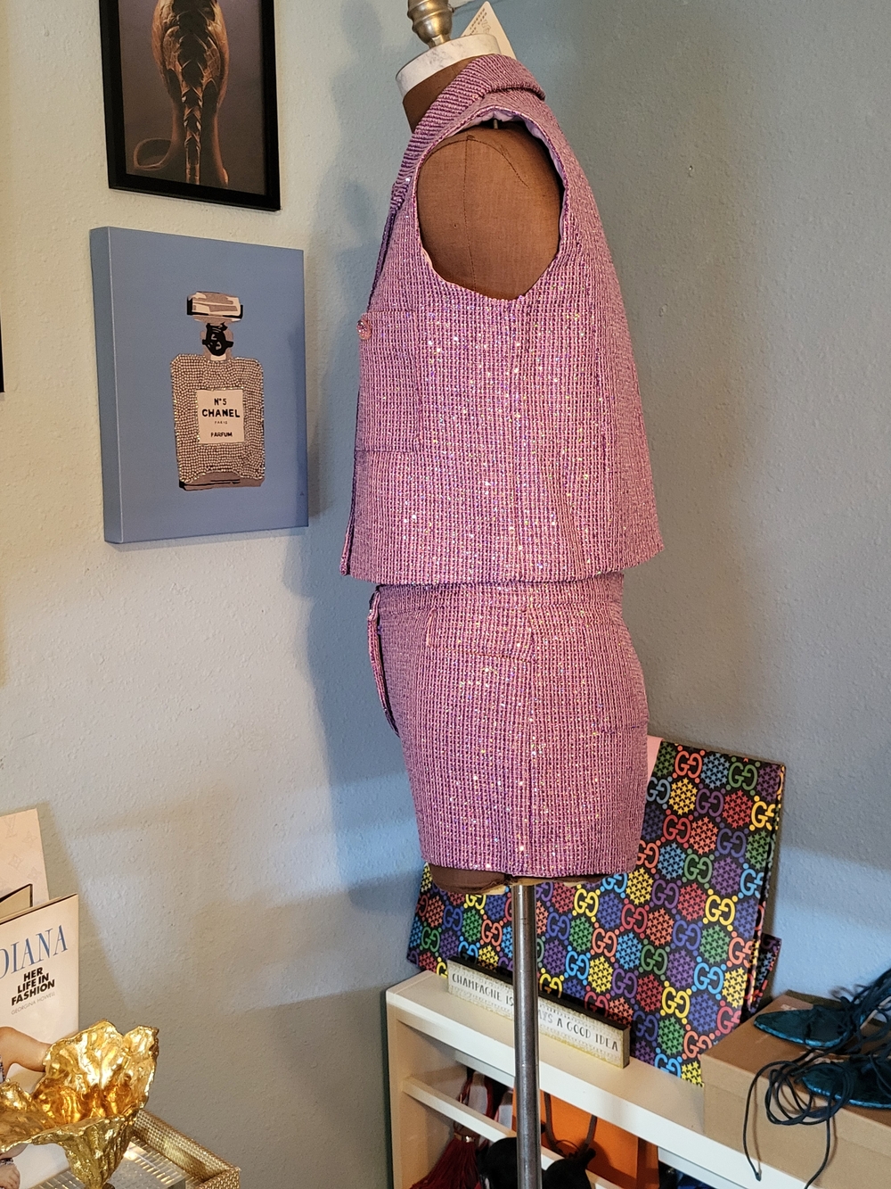 Nianlin Sleeveless Purple Sequin Tweed Shorts Set - Picture 8 of 17
